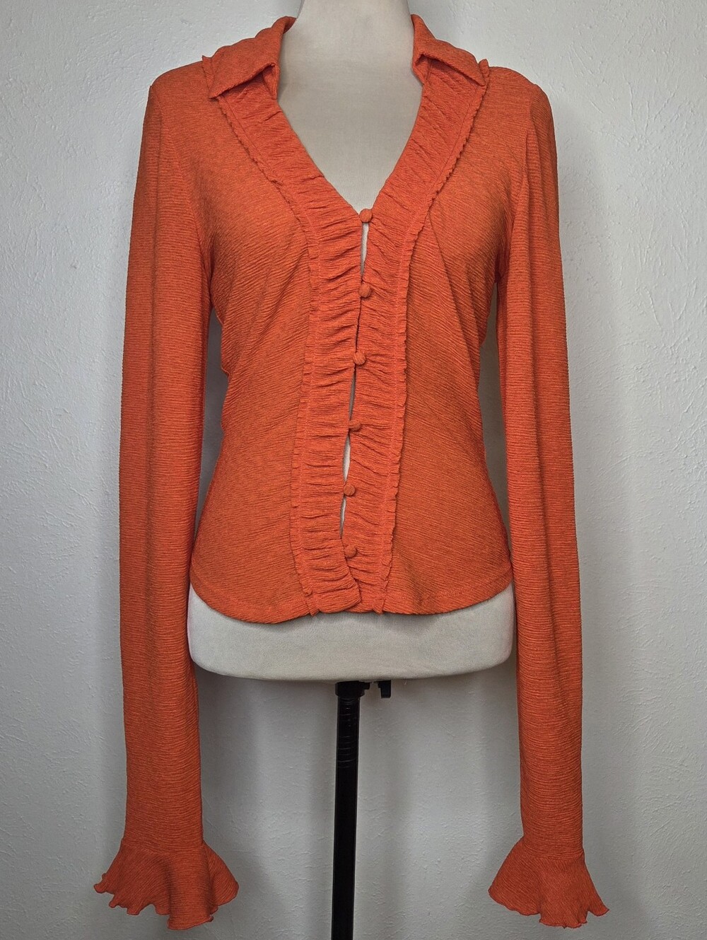 By Anthropologie Textured Ruffle Buttondown Top Orange XS Bell Sleeve Romantic